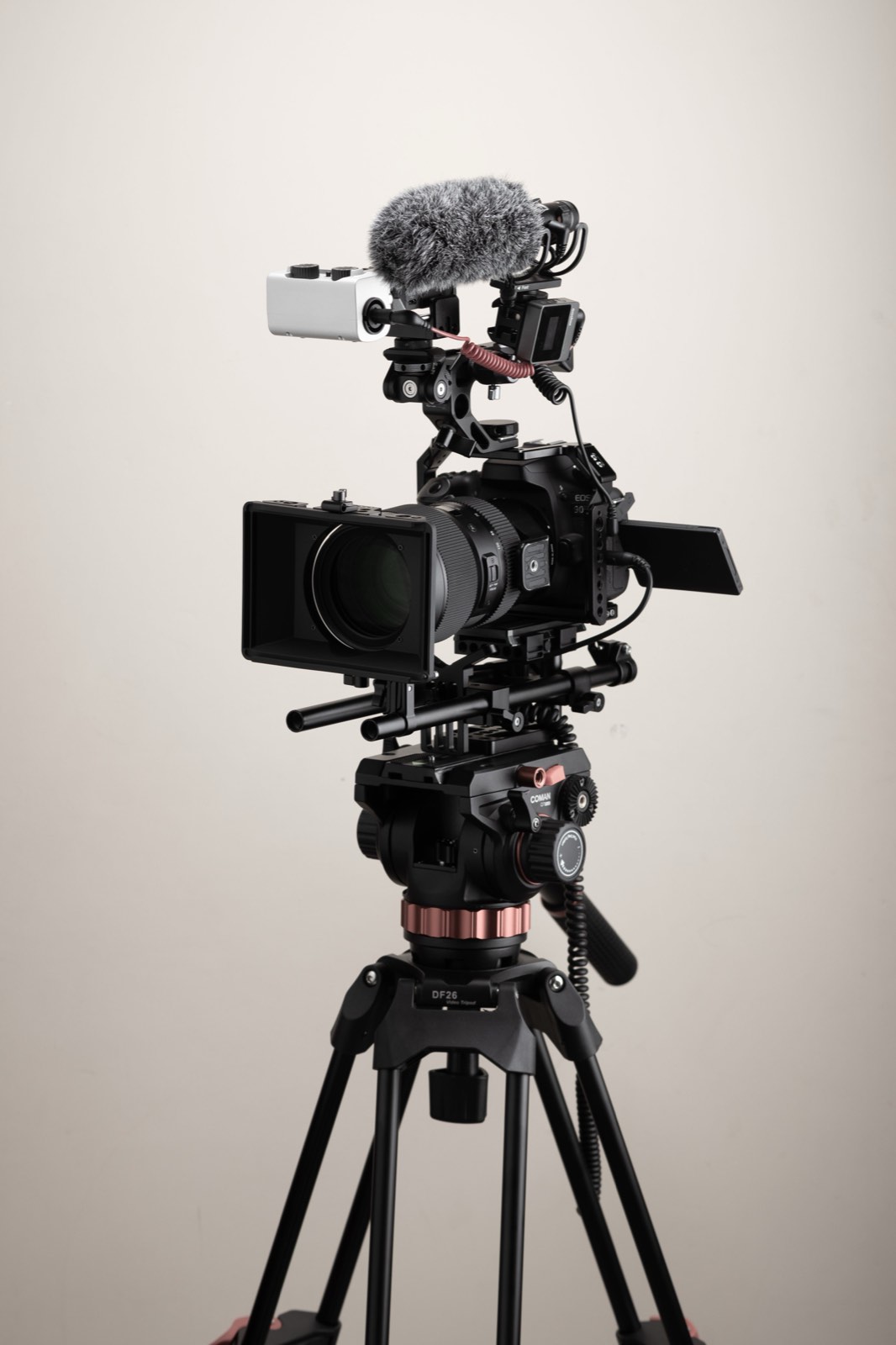 Professional cinema camera rig on a tripod in a studio