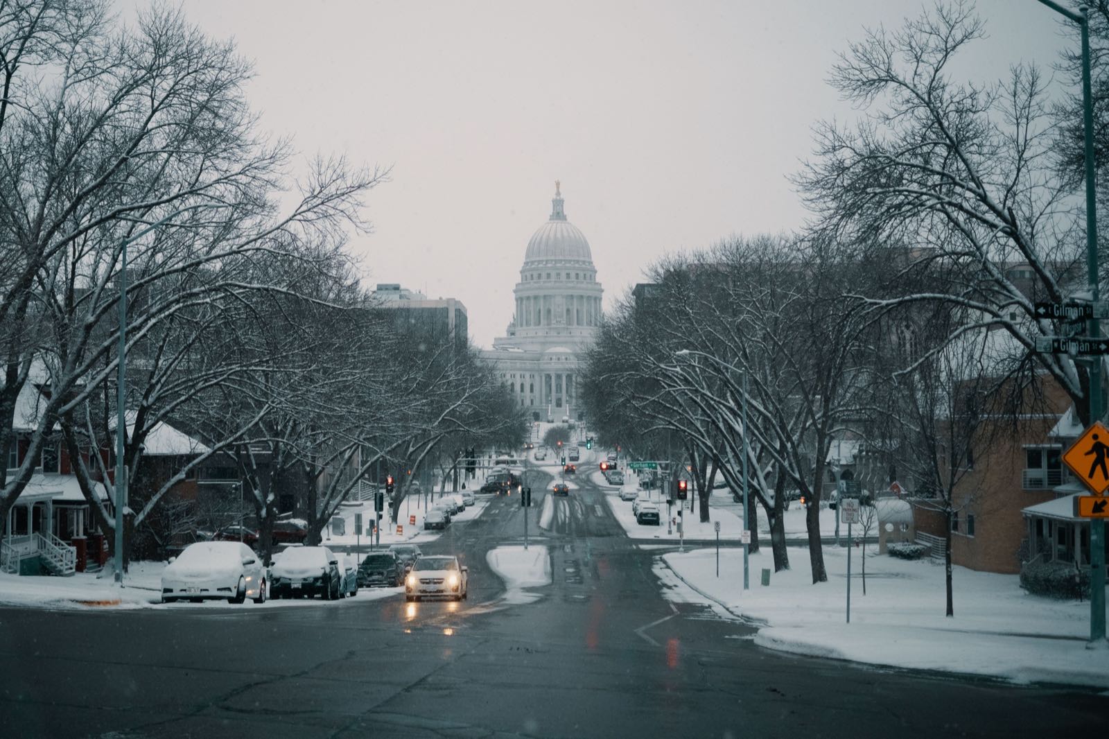 Snowy street leading to the Wisconsin State Capitol in Madison